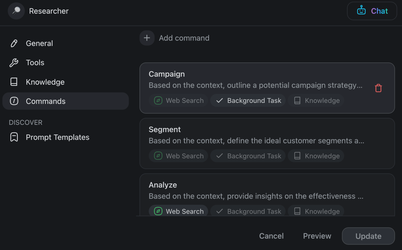 Taskade AI agent settings.