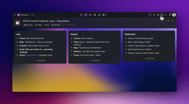 GIF showing the AI Assistant in project chat responding to natural language commands to update tasks, assign teammates, and adjust timelines in real time.