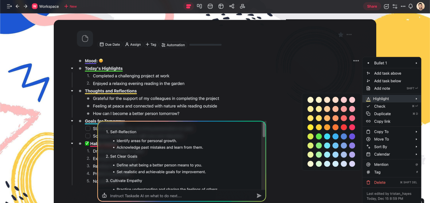Taskade AI journal entry.