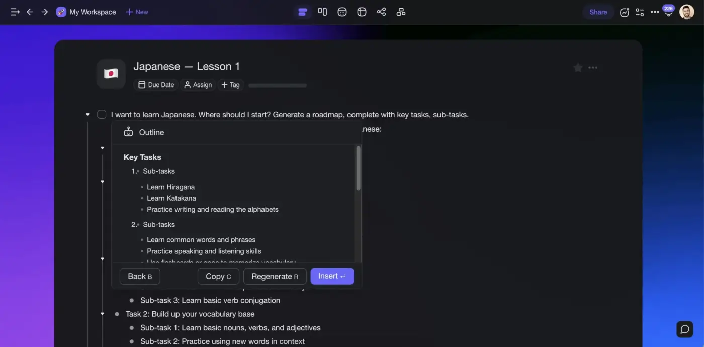 A roadmap for learning Japanese generated using Taskade AI.