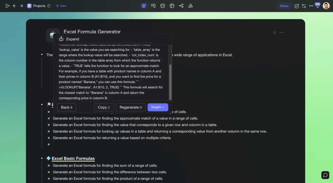 Taskade AI used to generate an Excel formula.