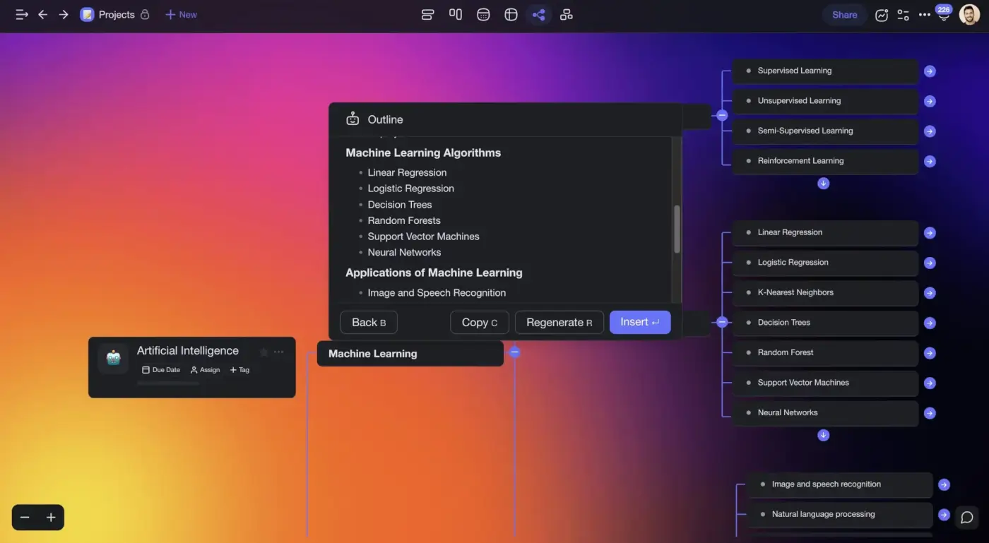 Taskade AI used to outline the topic of machine learning.