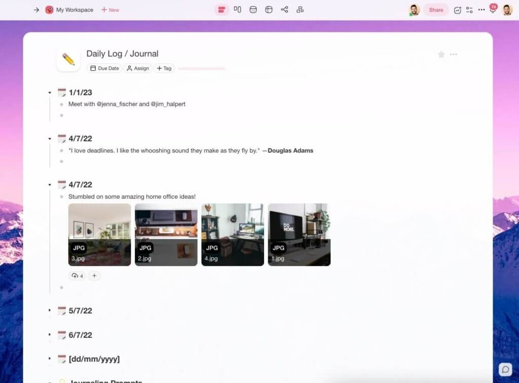 A daily journal in Taskade (light mode).