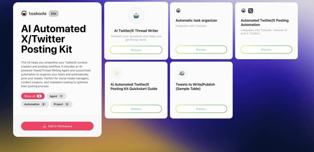 Screenshot of Taskade's AI Twitter/X Posting Kit showing automated tweet generation, scheduling table, and agent-assisted content workflow.