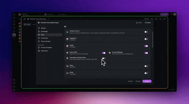 GIF showing a YouTube video being detected by Taskade, then automatically transcribed, summarized, and converted into tasks and documents.