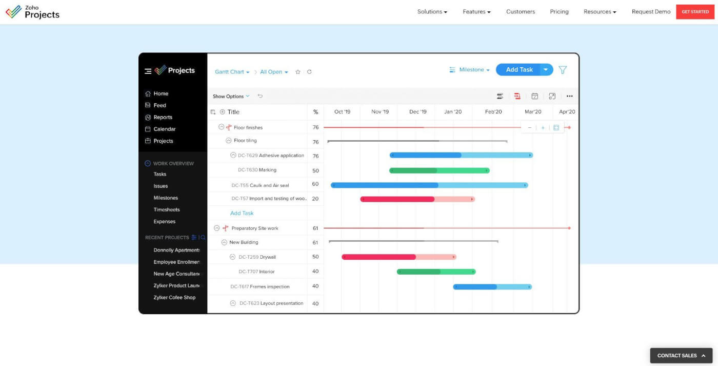 Zoho projects user interface.