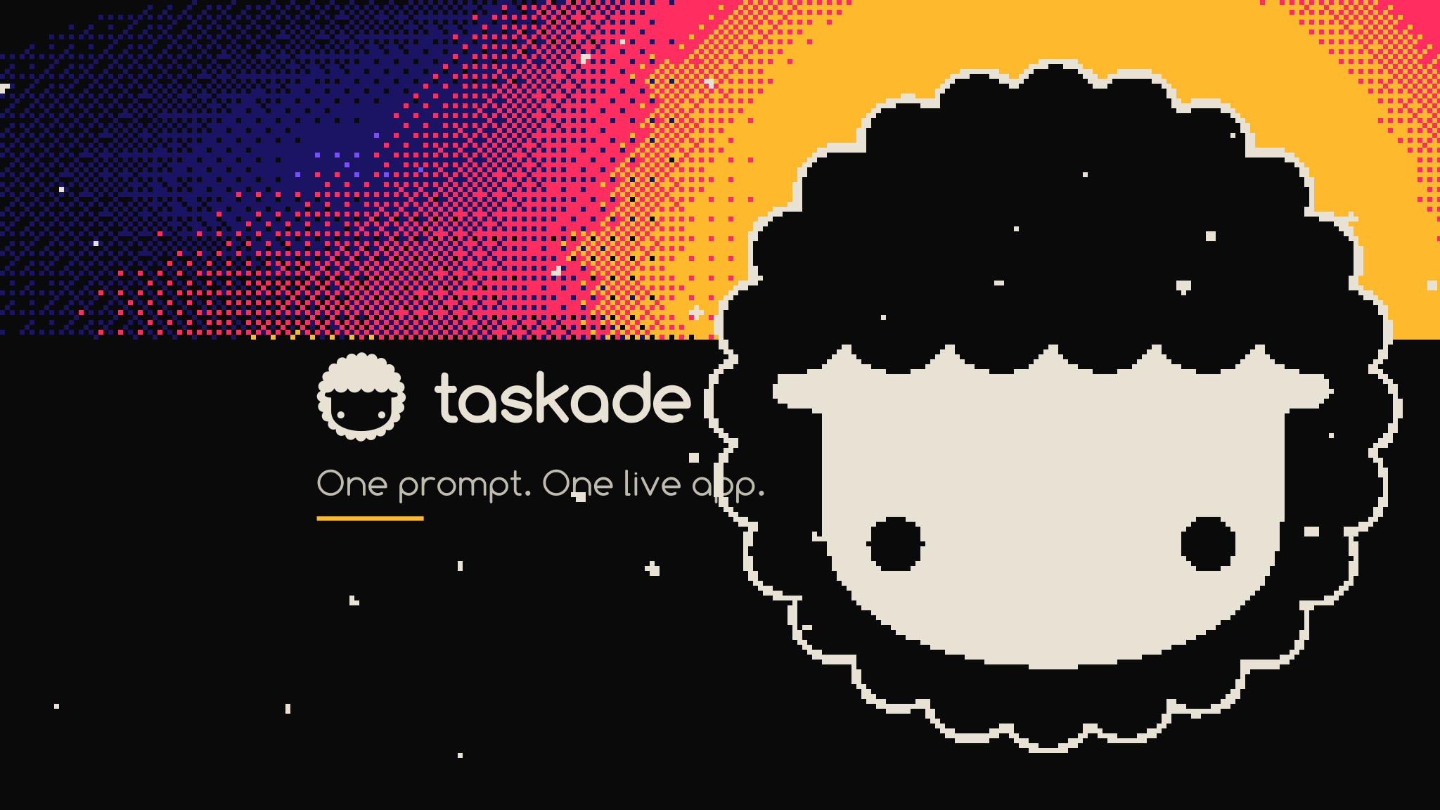 The Taskade mascot rising into the dithered Taskade Genesis sky: indigo, pink, and amber pixels