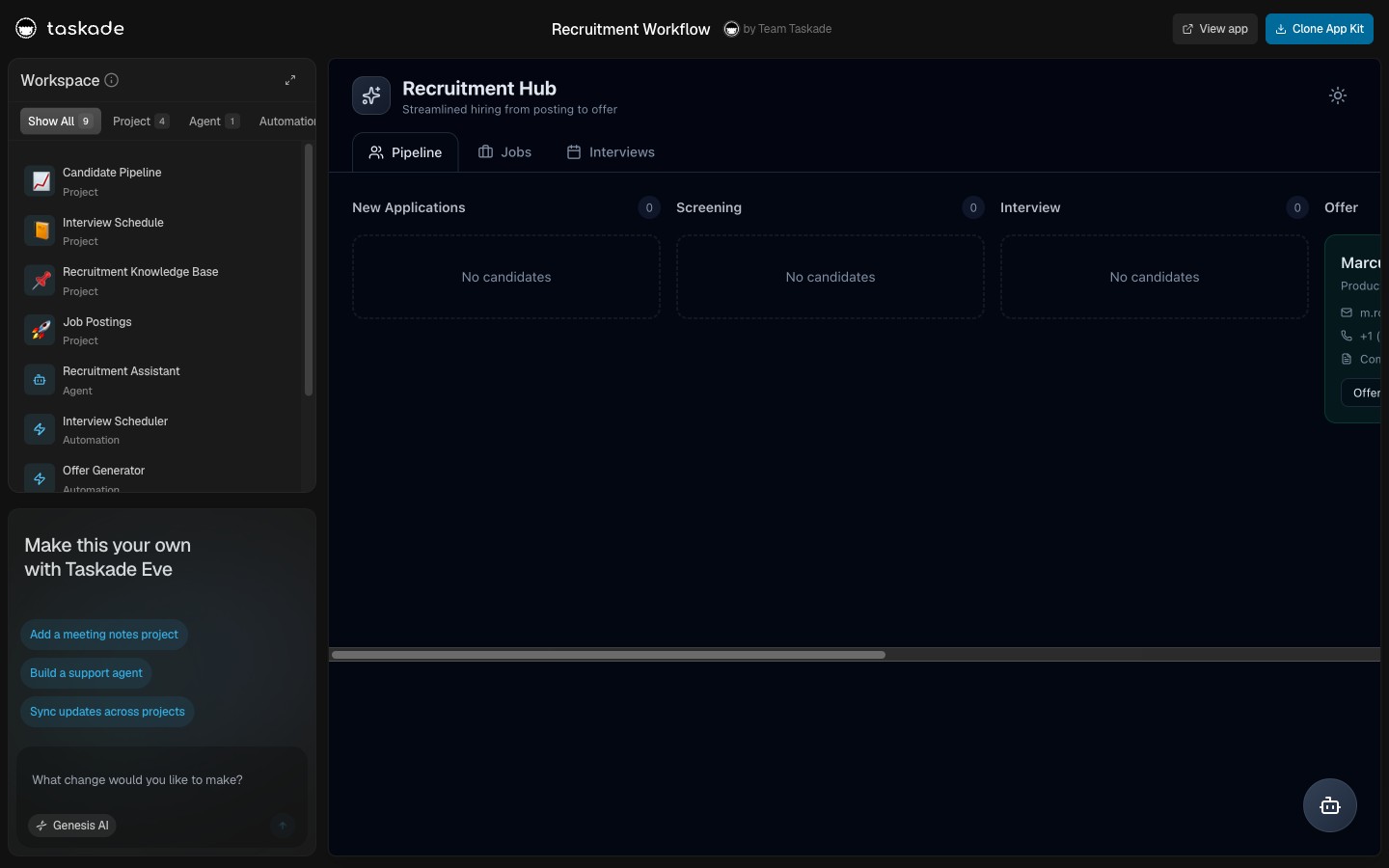 Recruitment Workflow — live Taskade Genesis ATS pipeline with Sourcer Agent