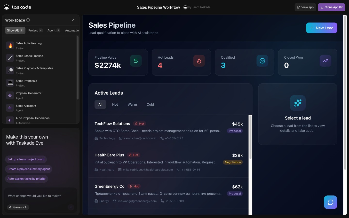 Investor pipeline CRM — Sales Pipeline Workflow repurposed for fundraising in Taskade Genesis