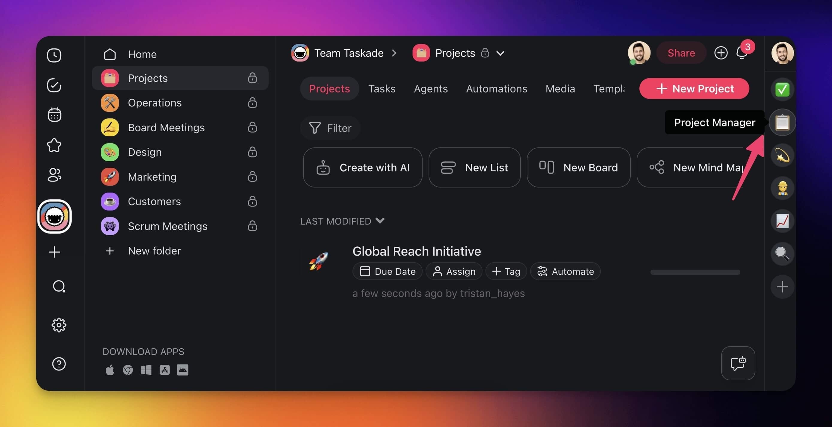 Pointing at the Project Manager agent icon in the right sidebar of a workspace
