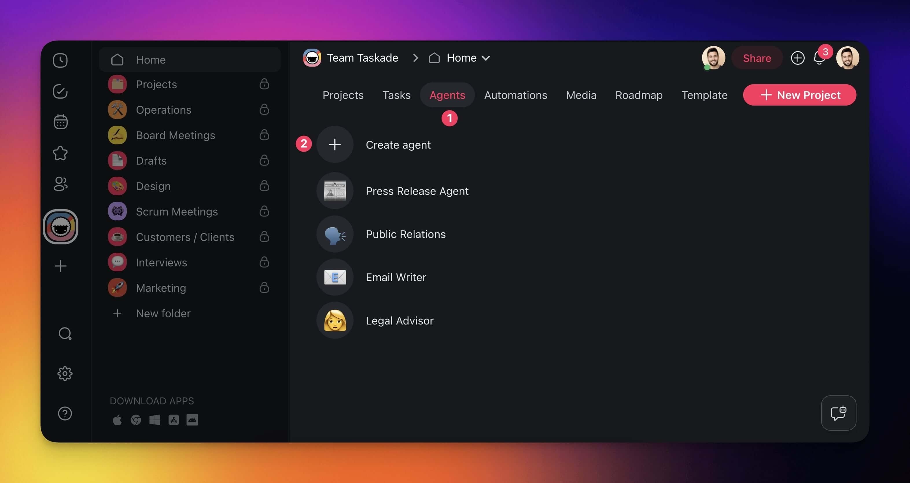 Opening the Agents tab and clicking Create agent in the workspace Home