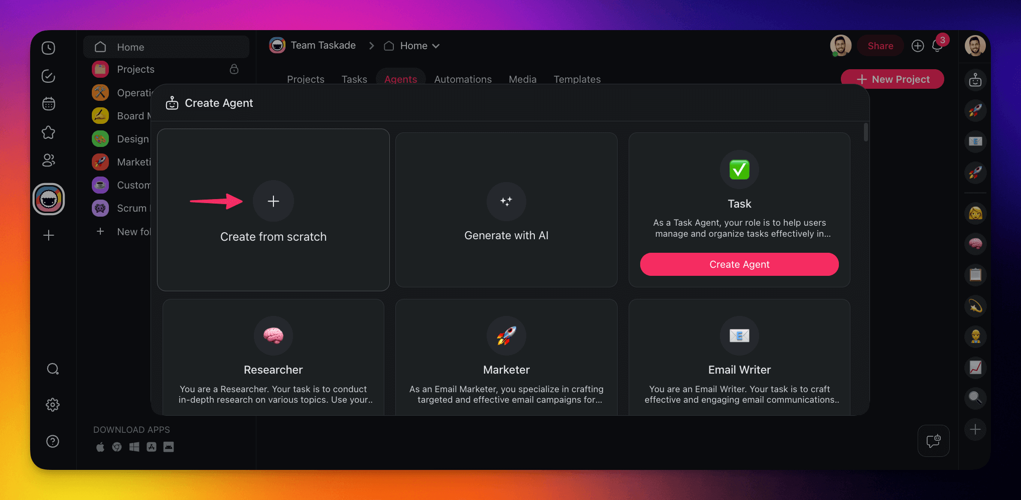 Pointing at Create from scratch in the Create Agent dialog on the Agents tab