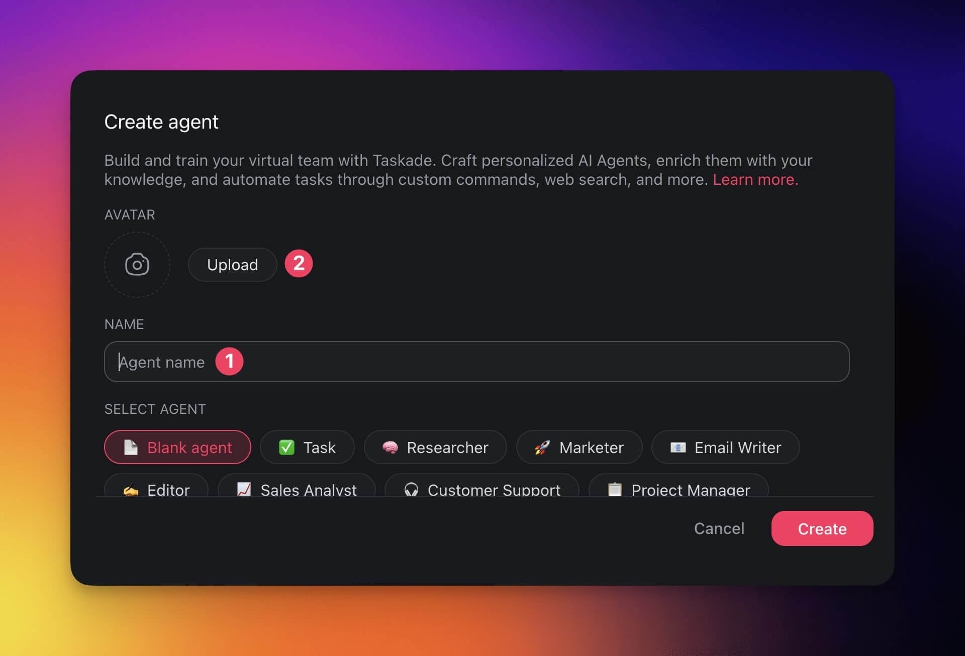 Entering the agent name and uploading an avatar in the Create agent form
