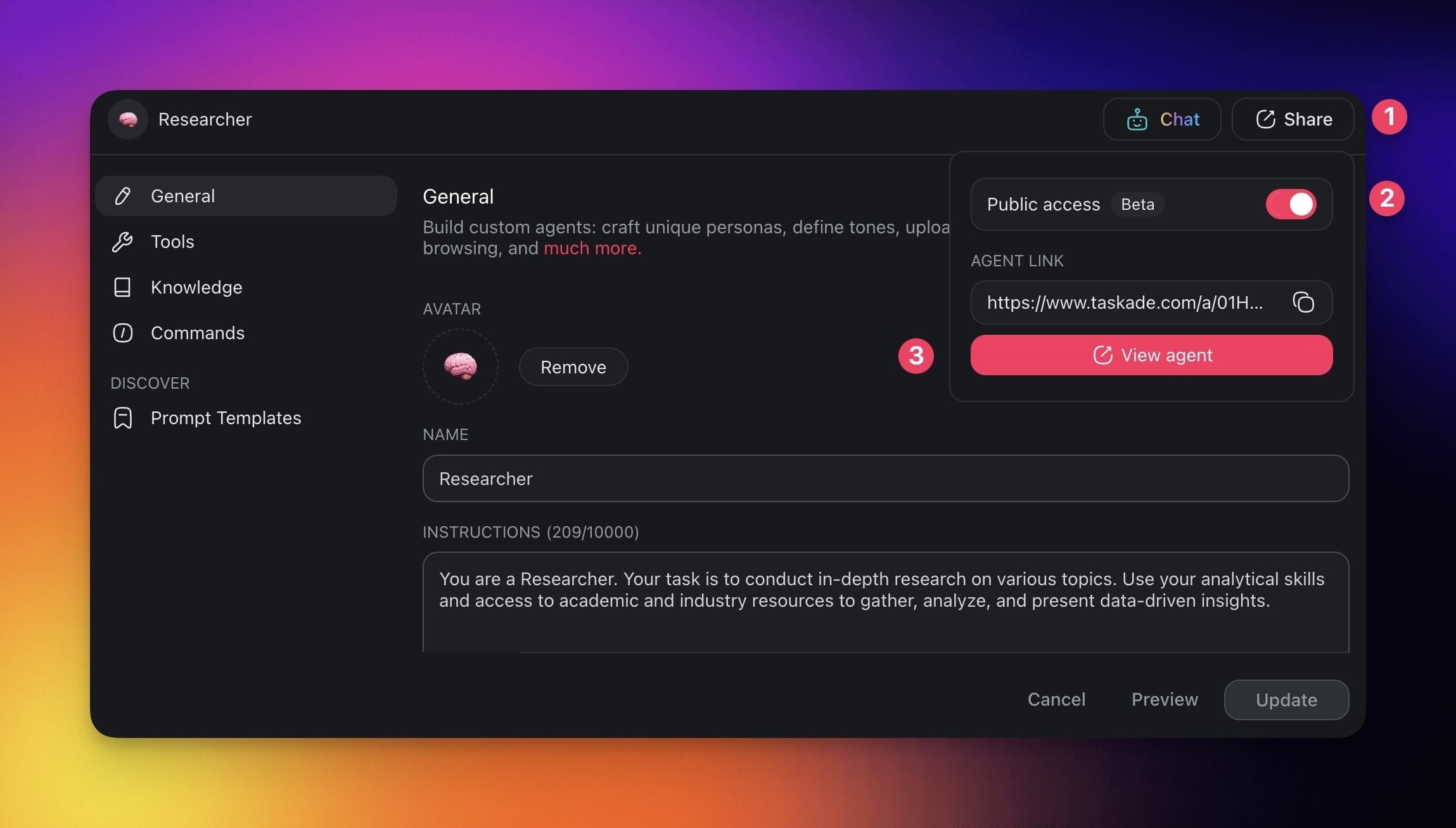 Turning on Public access in the earlier Share menu of the Researcher agent editor