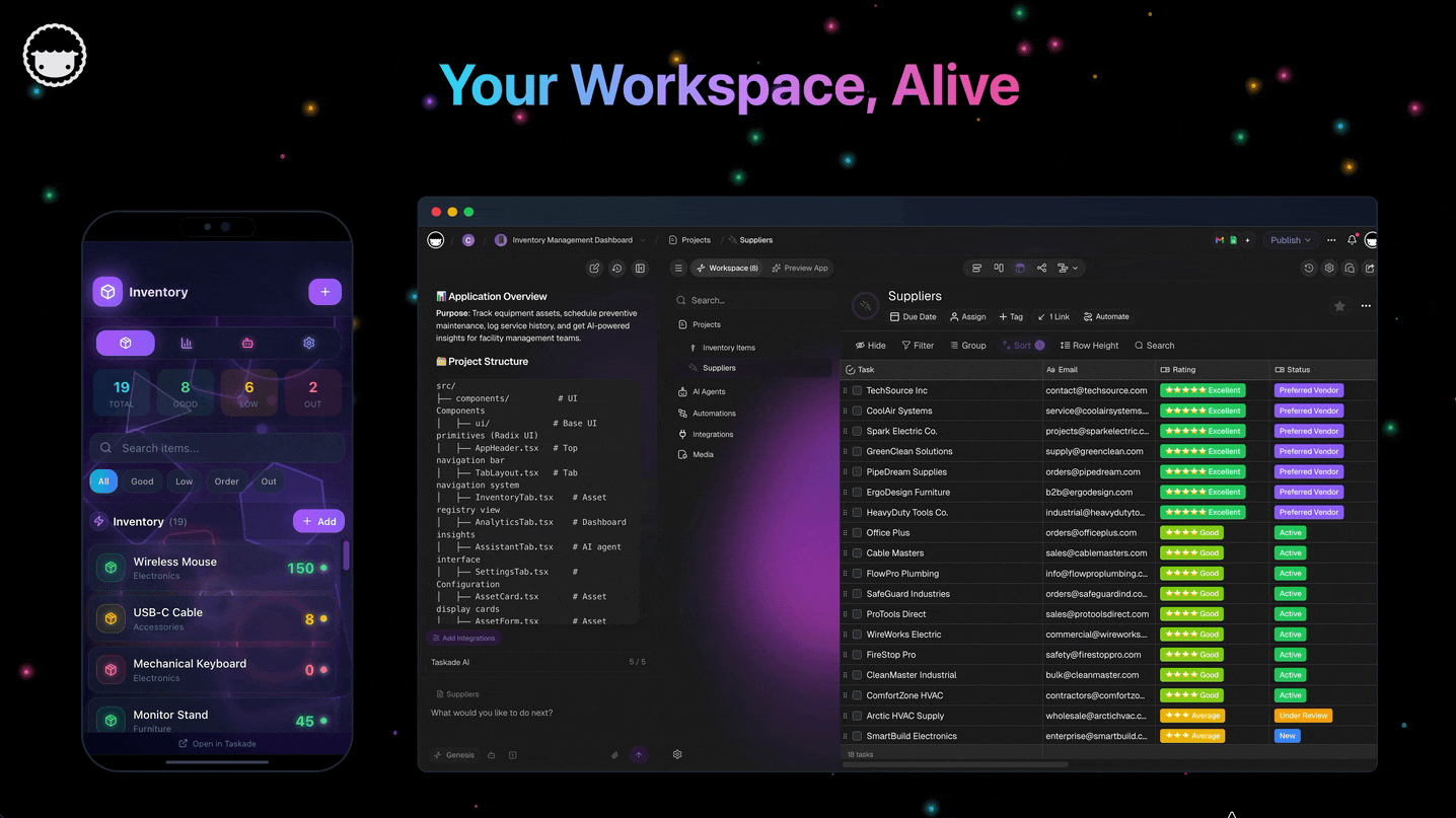 /static_images/Multi-Agent Workspace — Taskade Genesis three-layer architecture: Memory (Projects), Intelligence (Agents), Execution (Workflows)