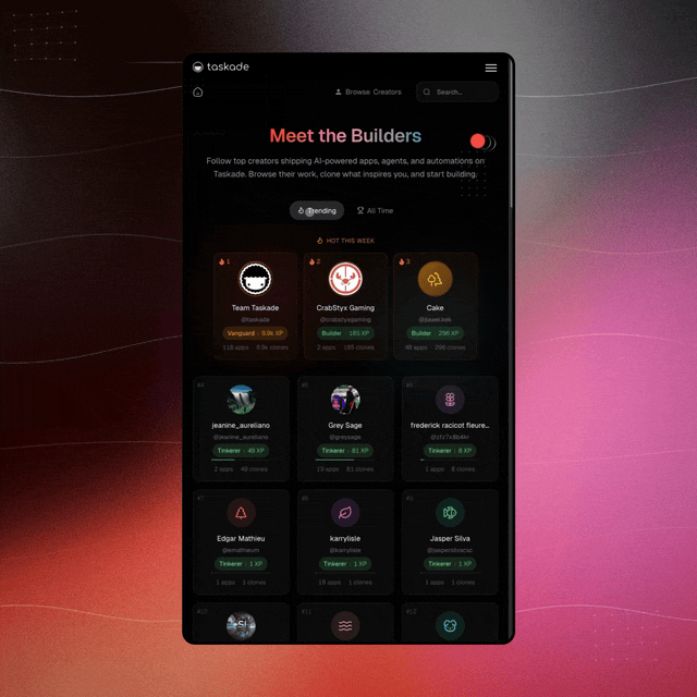 Community Creators refresh — builder identity on the Taskade Genesis gallery