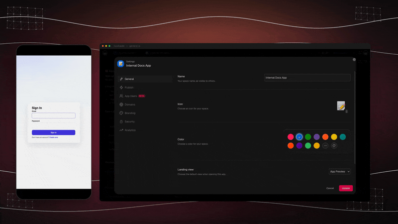 /static_images/Add Sign-In to a Taskade Genesis app and manage end users from the App Users dashboard — May 2026 launch