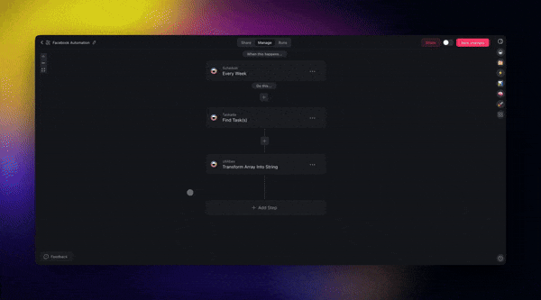 Facebook automation in Taskade Genesis — scheduled social posting flow