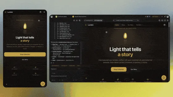 A storefront website URL pasted into Taskade Genesis, and the live app Taskade EVE builds from it with its projects, agents, and automations