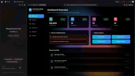 A Taskade Genesis store dashboard where an automation creates a Stripe invoice, emails it to the customer, and records the payment