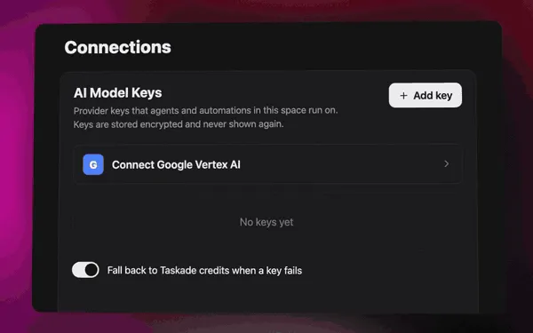 Bring your own AI keys to Taskade: save a provider key under AI Model Keys and pick it in the agent model menu