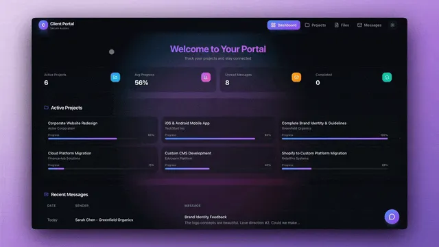 Client portal built with Taskade Genesis — dashboard with project tracking, progress metrics, and real-time messaging