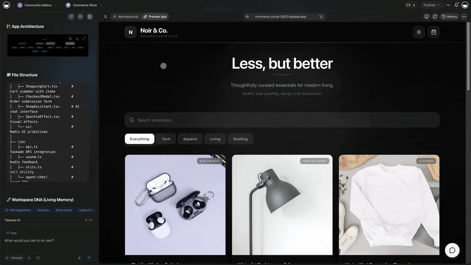Taskade Genesis workspace — app architecture, file structure, and live preview of a commerce store built from a single prompt