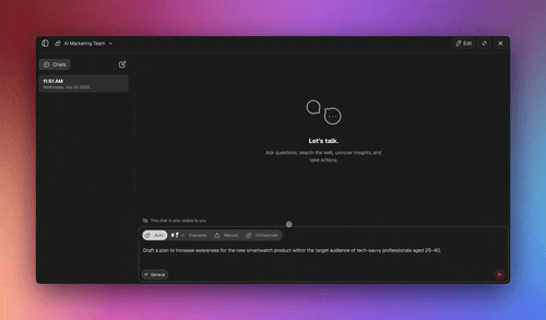 Multiple AI agents collaborating in orchestration mode inside a Taskade Genesis workspace