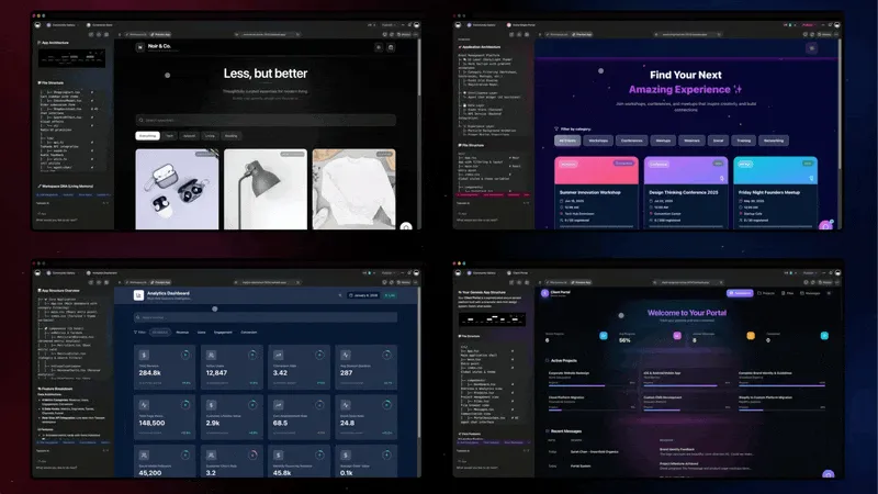 Vibe-coded apps built with Taskade Genesis — e-commerce store, event portal, analytics dashboard, client portal